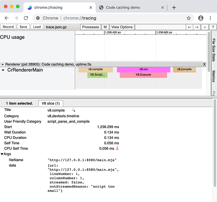 带有运行缓存记录的 chrome://tracing 界面