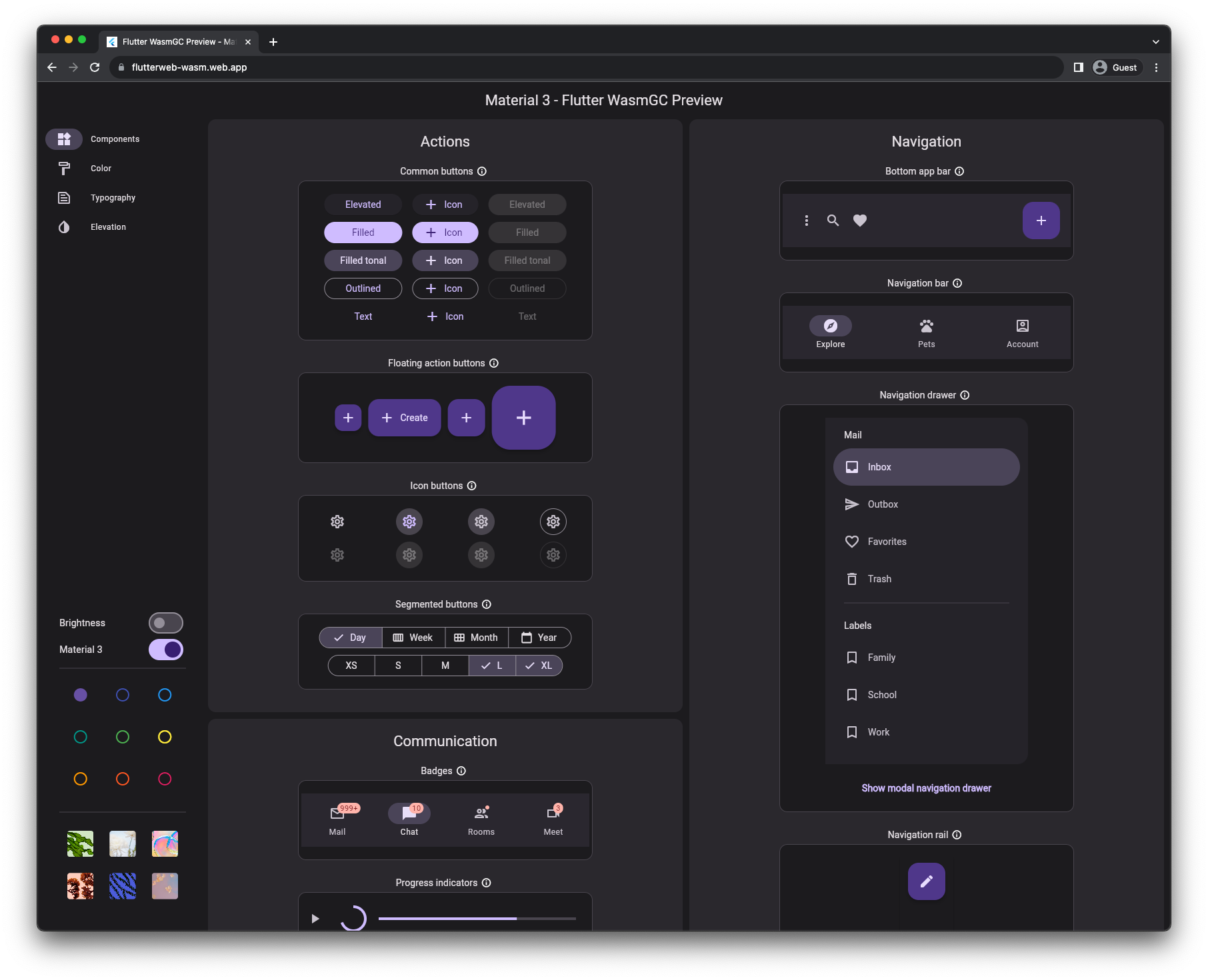 Flutter 演示在 Chrome 119 中运行。