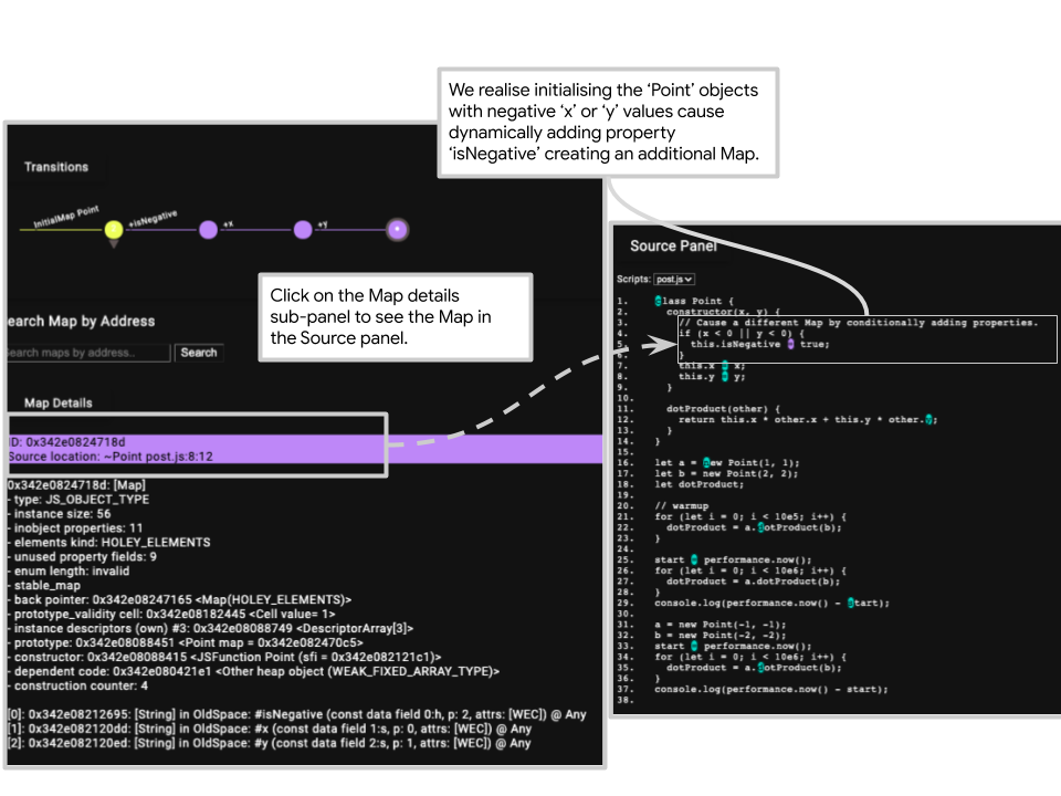The Map panel communicates the file position information to highlight file positions on the Source panel.