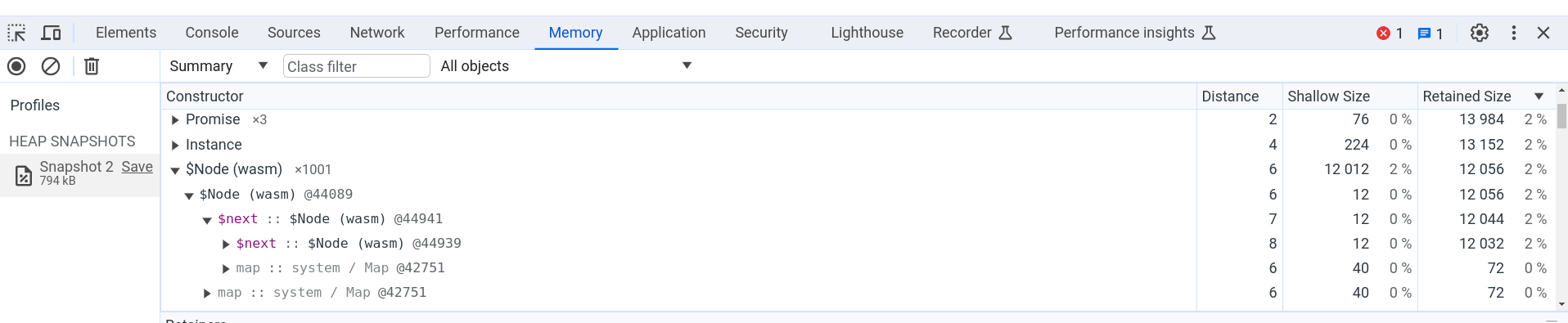 Código WasmGC ejecutándose en el heap profiler de Chrome